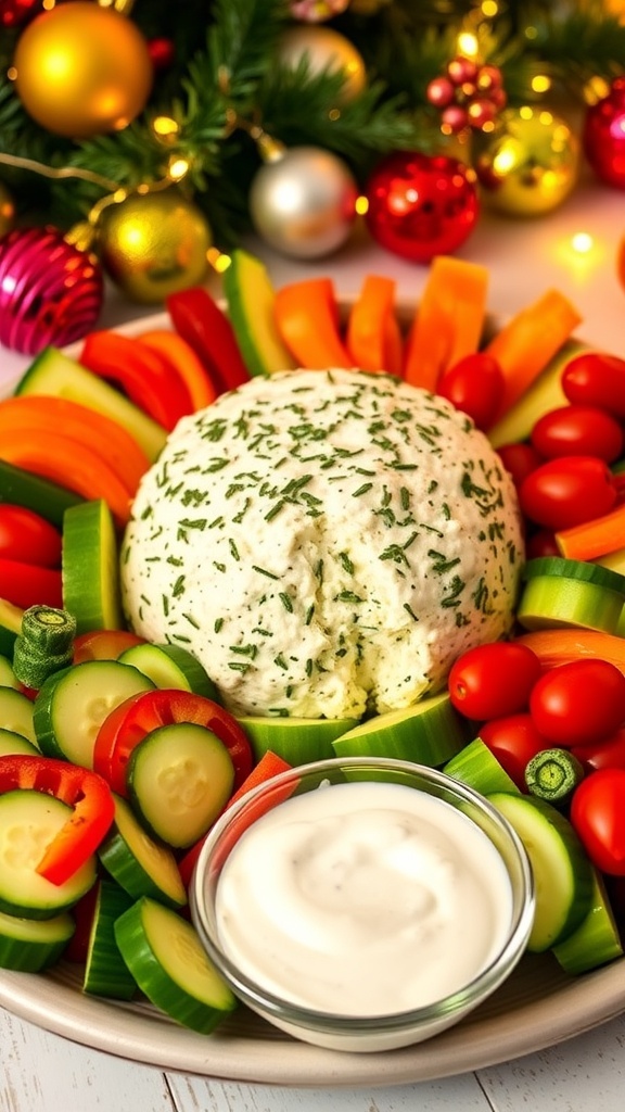 A vibrant platter of low carb Christmas appetizers with a cheese ball and fresh vegetables.